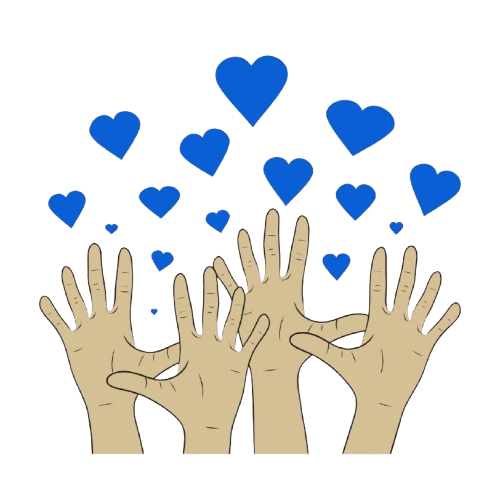 Multiple hands raised with blue hearts above, symbolizing support and love